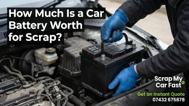 A close-up photo of a standard car battery being lifted out of an engine bay by gloved hands. Overlay text option How Much Is a Car Battery Worth for Scrap