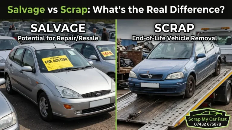 A split-style comparison image one side showing a car at an auction yard with a for auction style tag or sold sticker, the other showing a car being loaded onto a flatbed truck. Overlay text option Salvage vs Scrap What's the Real Difference