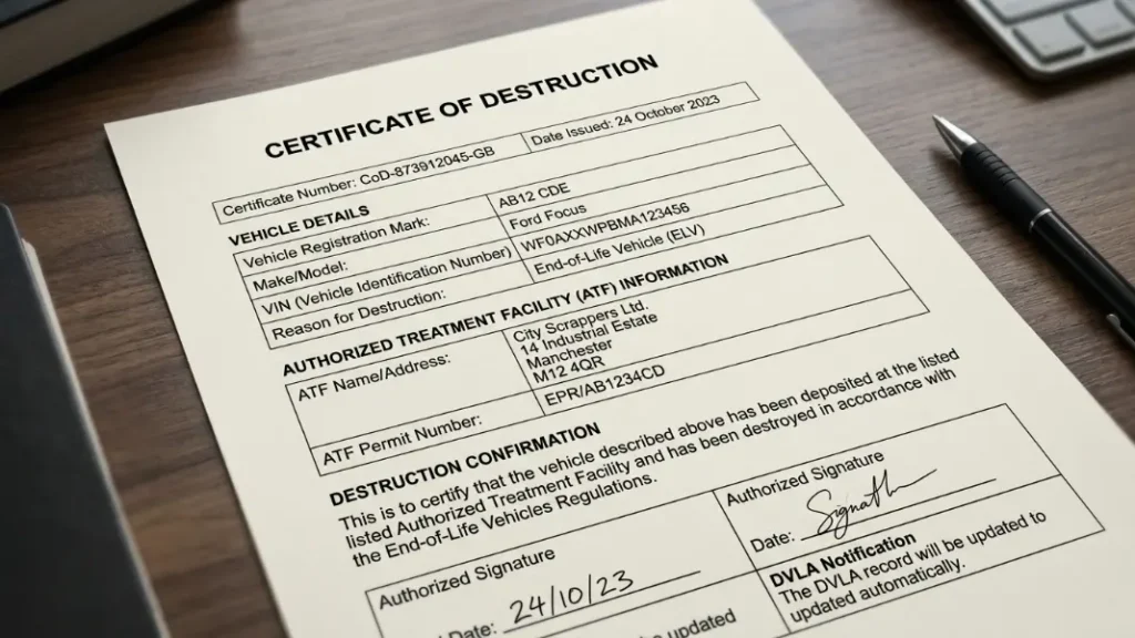 Certificate of Destruction for scrapped vehicle UK