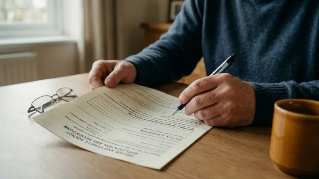 Filling out a DVLA V62 form to replace a lost vehicle logbook