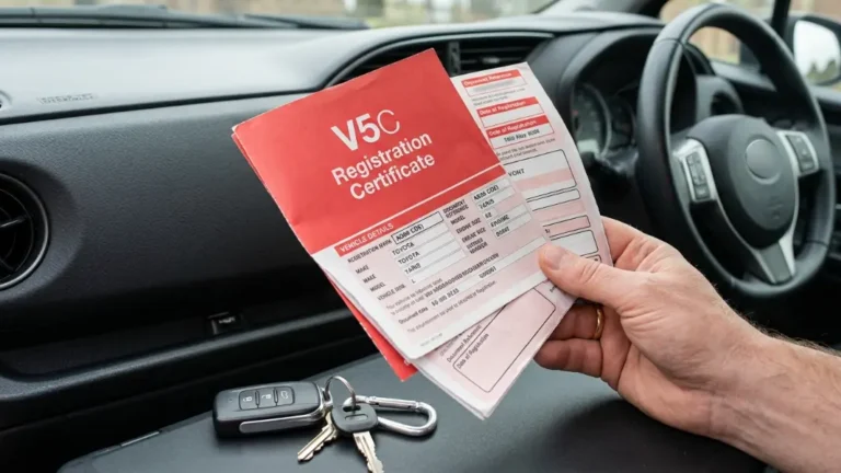 Red DVLA V5C vehicle registration certificate held in hand