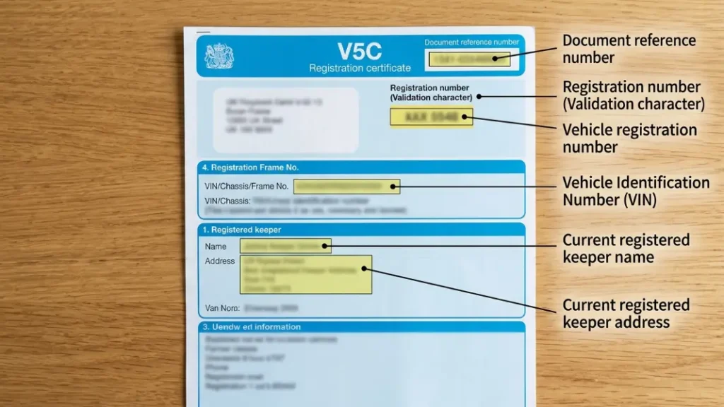 V5C logbook showing registration number, VIN and registered keeper details
