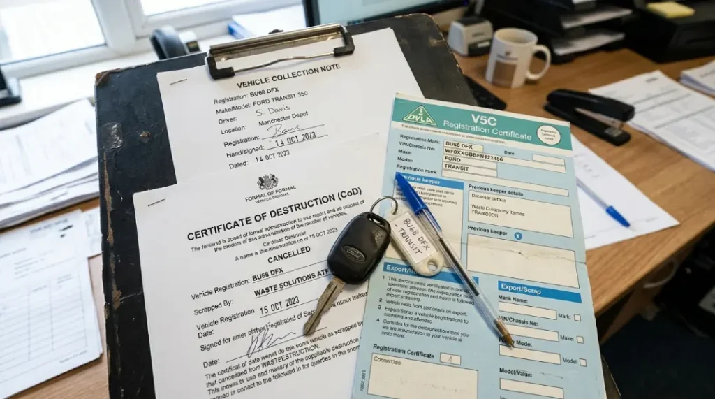 Certificate of Destruction and collection paperwork for a scrapped company van