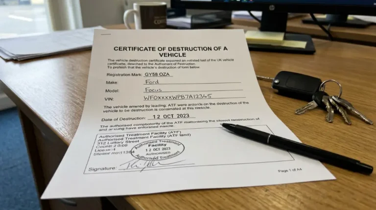 DVLA Certificate of Destruction document for a scrapped car in the UK