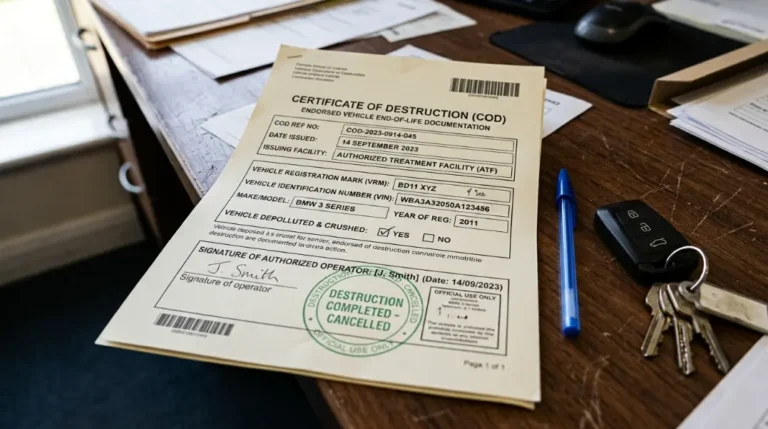 Official UK Certificate of Destruction document for a scrapped car