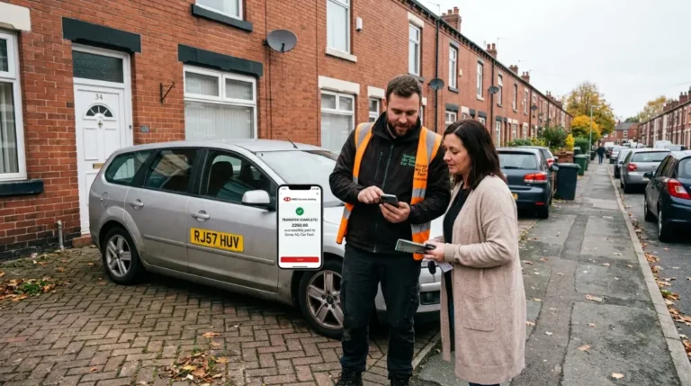 Scrap car driver processing a bank transfer payment on a phone in Manchester