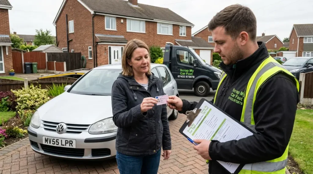 Driver checking photo ID before collecting a scrap car in Greater Manchester