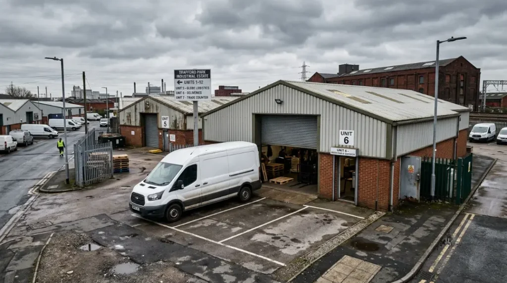 Trade van parked outside a unit on Trafford Park industrial estate