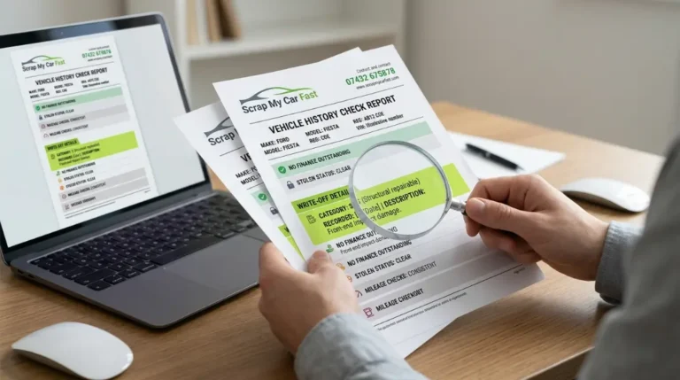 Magnifying glass over a vehicle history check report showing a Cat N write-off marker