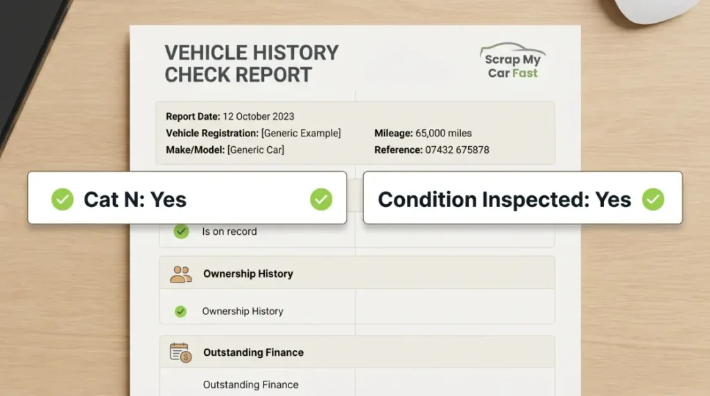 Mockup showing a Cat N marker and a separate Condition Inspected entry both appearing on the same vehicle history report
