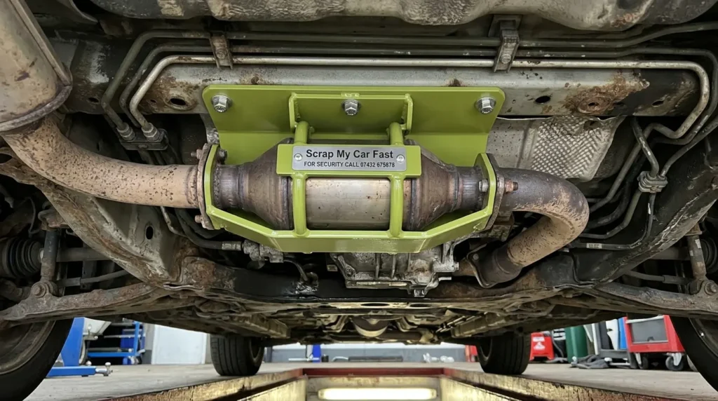 Catalytic converter lock fitted to protect a hybrid car from theft