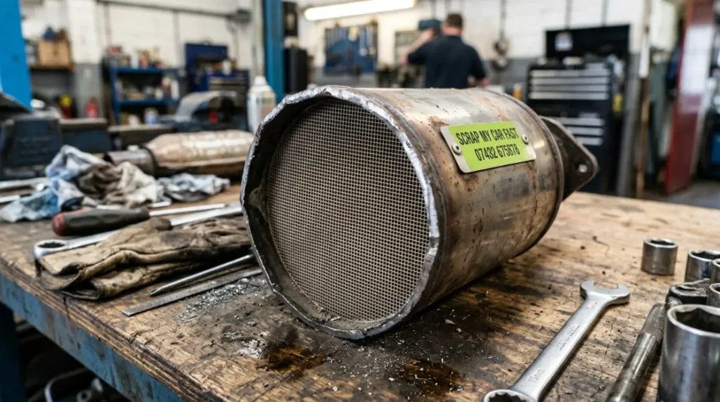 Close-up of a catalytic converter removed from a car showing the internal honeycomb structure