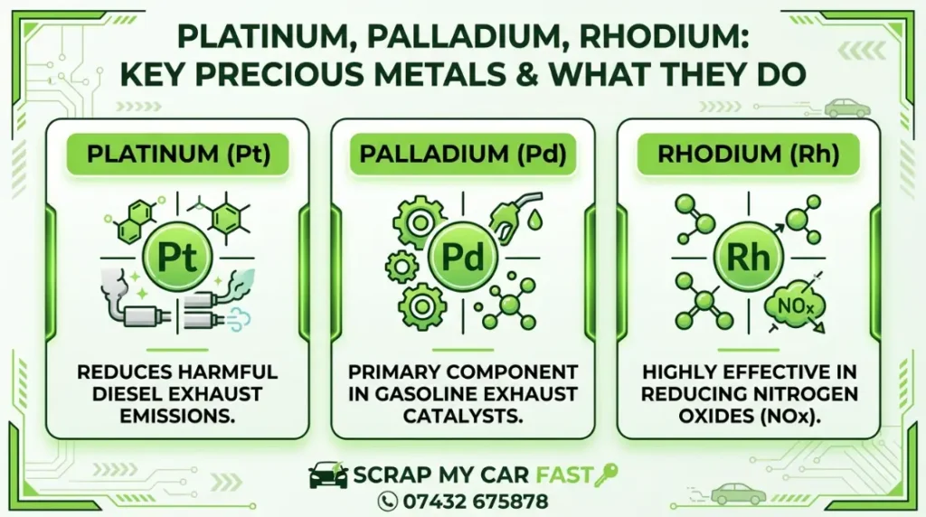 Simple graphic showing platinum, palladium and rhodium as the three metals inside a catalytic converter