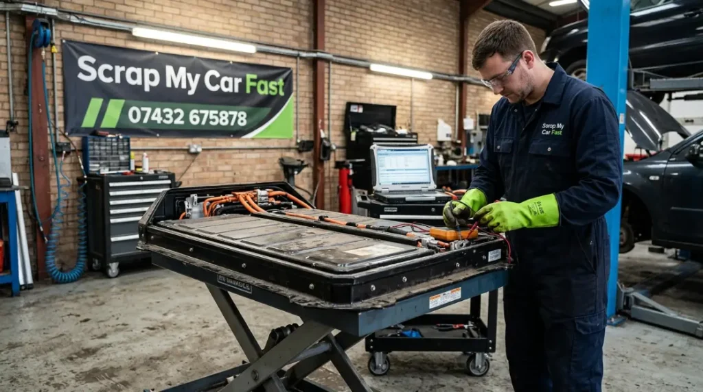 Electric vehicle battery pack being assessed for recycling
