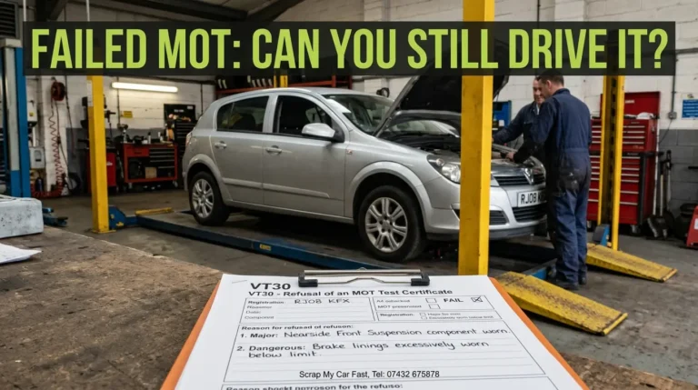 Failed MOT refusal certificate on a clipboard in front of a car in a UK test centre