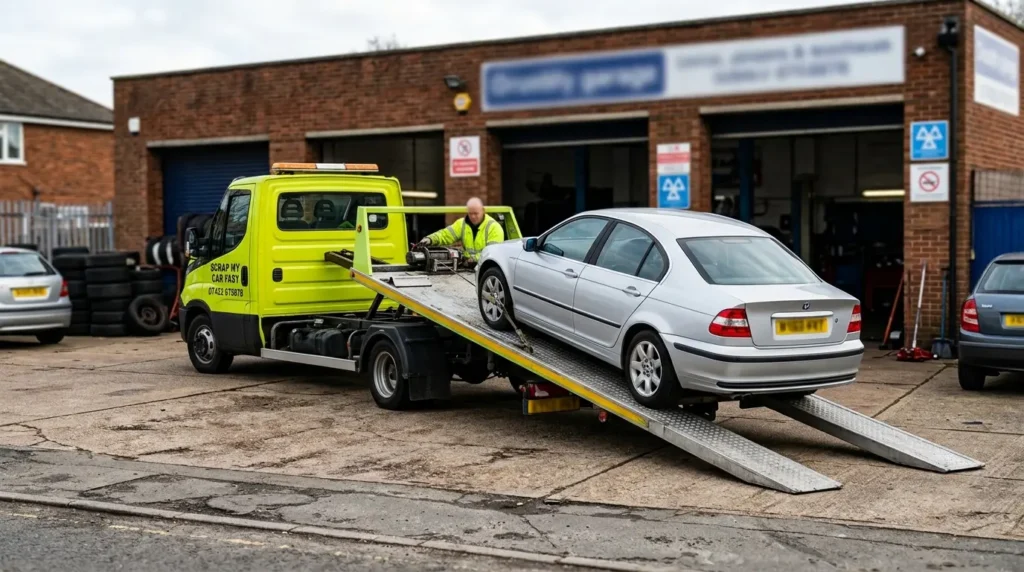 Car that failed its MOT being collected for scrap from a garage in Greater Manchester