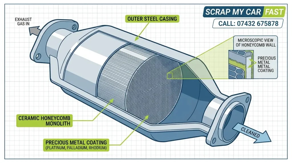 Inside a catalytic converter showing the ceramic honeycomb coated with platinum, palladium and rhodium Caption: The value sits in the honeycomb inside, not in the steel casing.