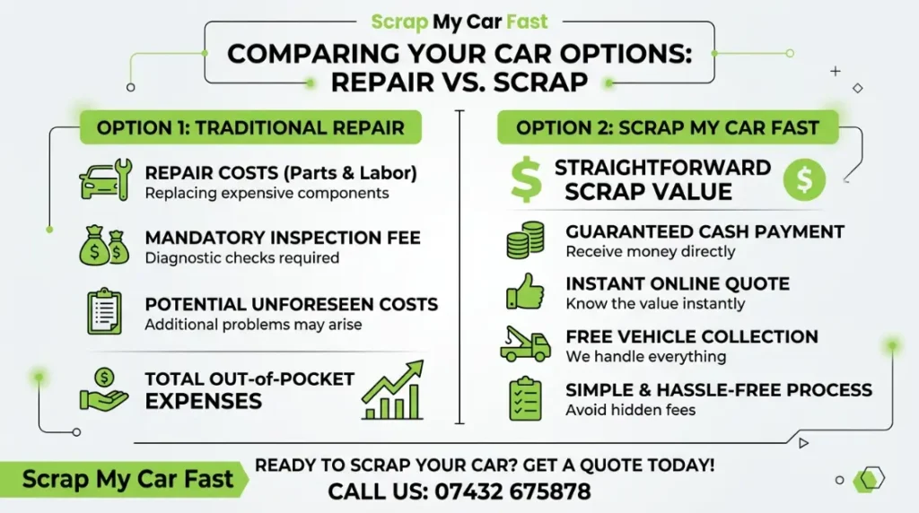 Simple comparison graphic weighing repair and inspection costs against scrap value