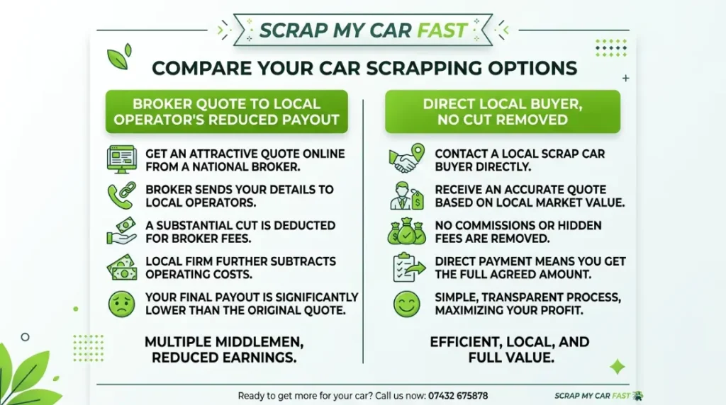 Simple diagram showing how a broker's cut reduces the price paid by a local collector