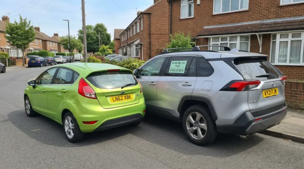 Small car and large SUV side by side showing size difference relevant to scrap weight