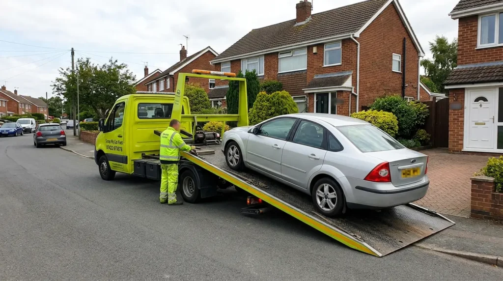 SORN car being collected for scrap from a private driveway in Greater Manchester