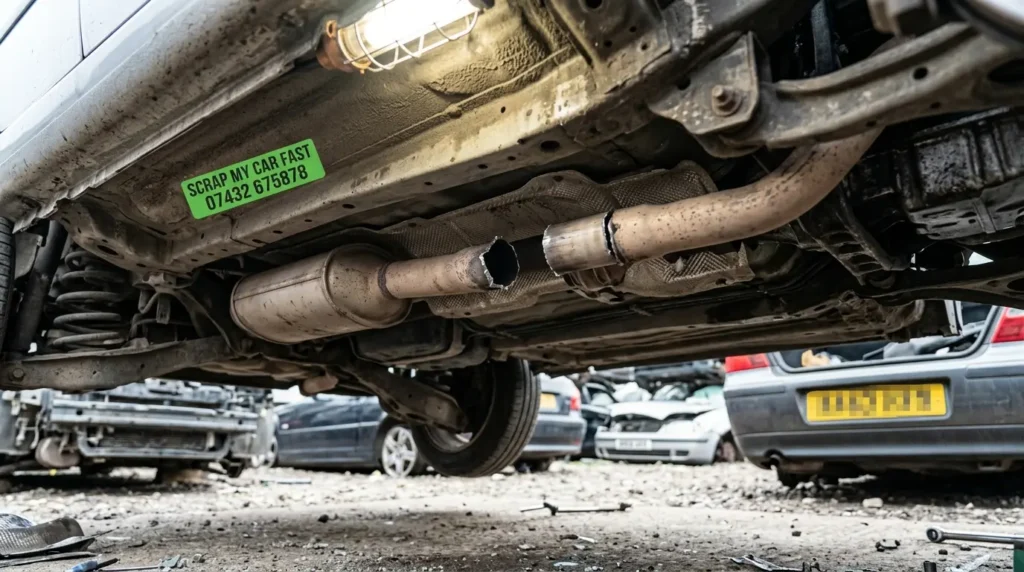 Cut exhaust pipe under a car after the catalytic converter was stolen
