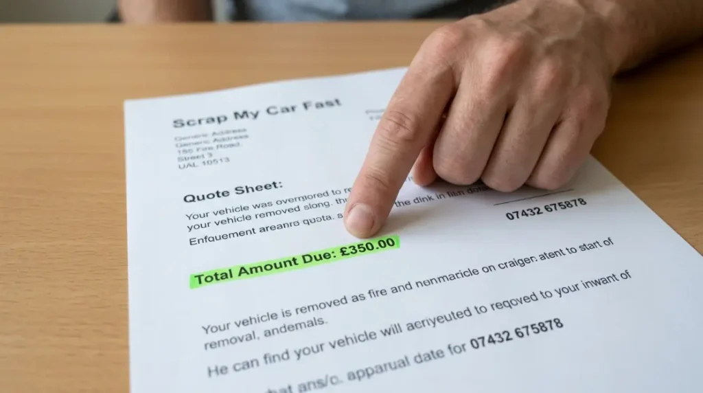 Close-up of a hand pointing to an unexpected extra charge on a printed quote or invoice