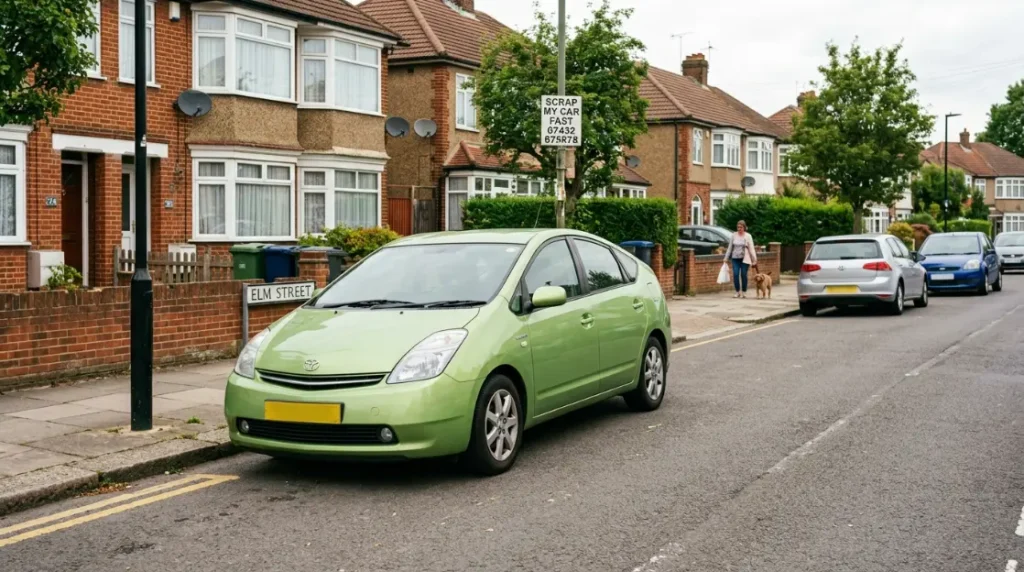 Toyota Prius parked on a residential UK street, a model flagged for higher catalytic converter value