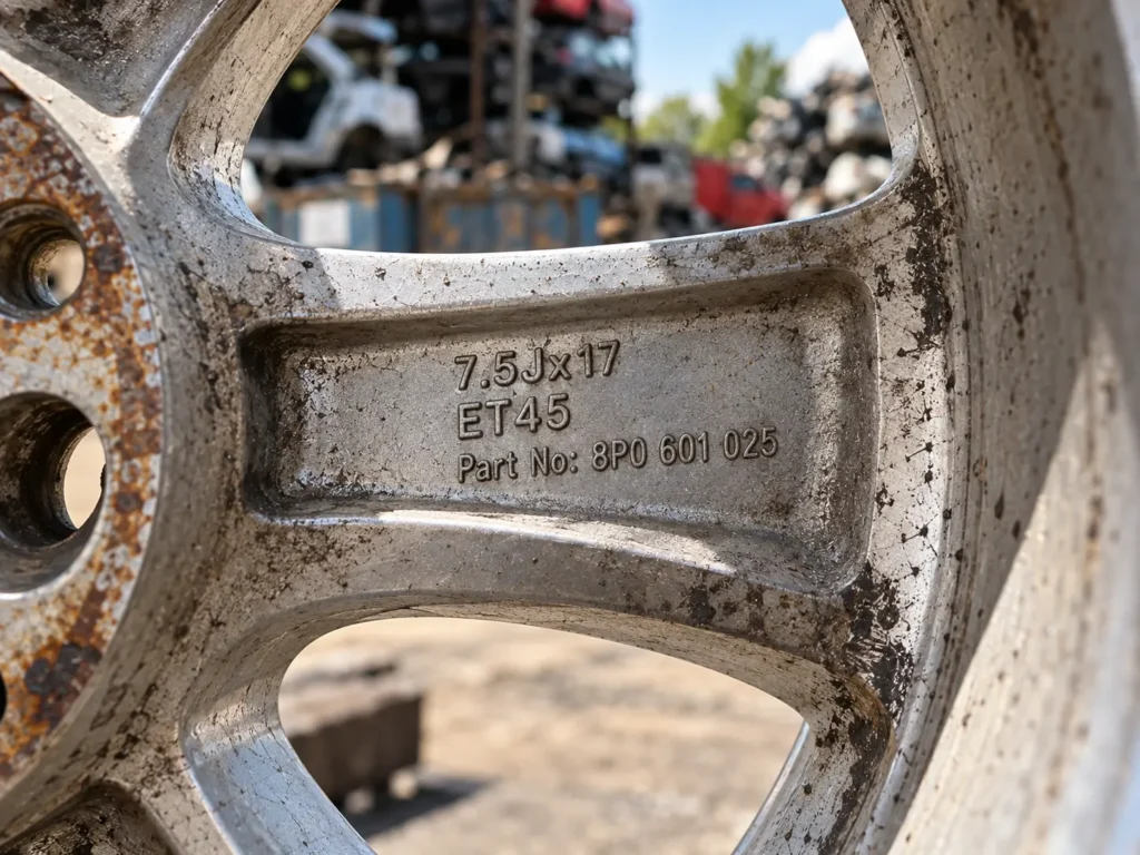 Size, offset and part number stamped on the back of an alloy wheel