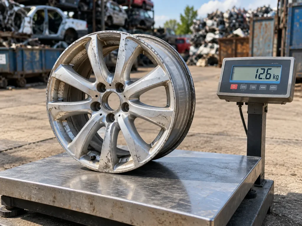 Bare alloy wheel being weighed to work out its scrap value per kg