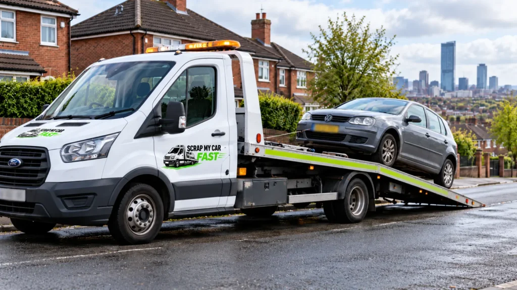 Car with a blown head gasket being collected for scrap in Greater Manchester