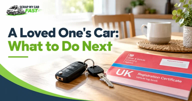 Car keys and V5C logbook on a table, dealing with a deceased person's car in the UK