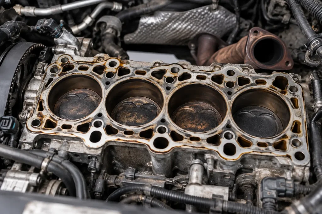 Cylinder head removed during a head gasket replacement