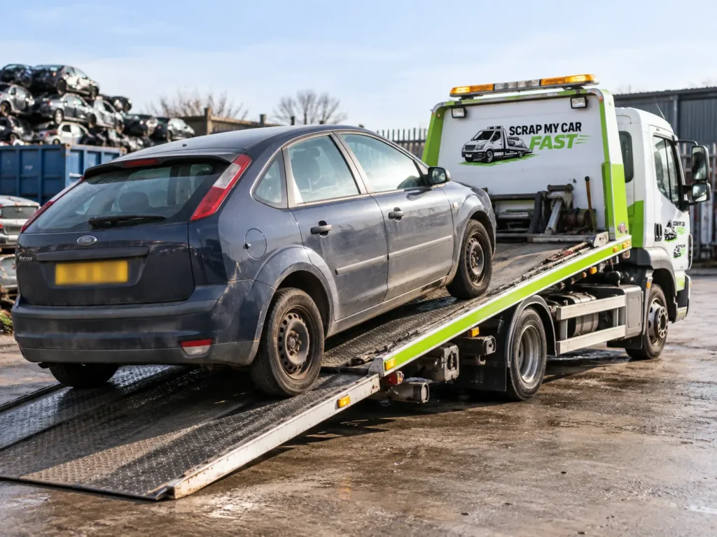 Scrap car on steel wheels being loaded for collection after the alloys were sold separately