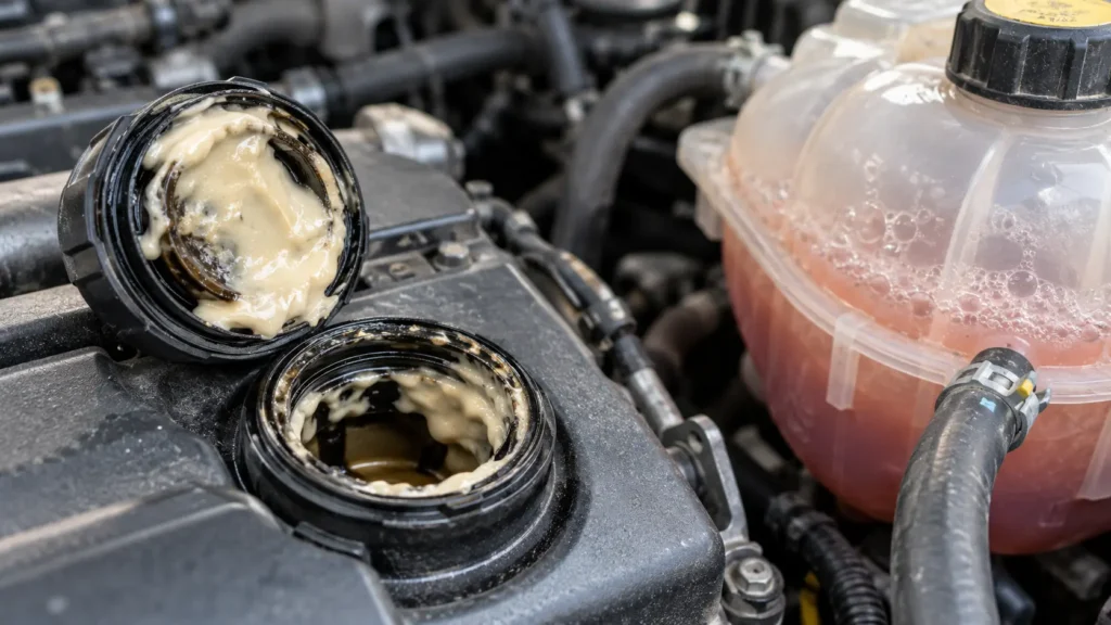 Milky residue under oil filler cap, a possible sign of a blown head gasket