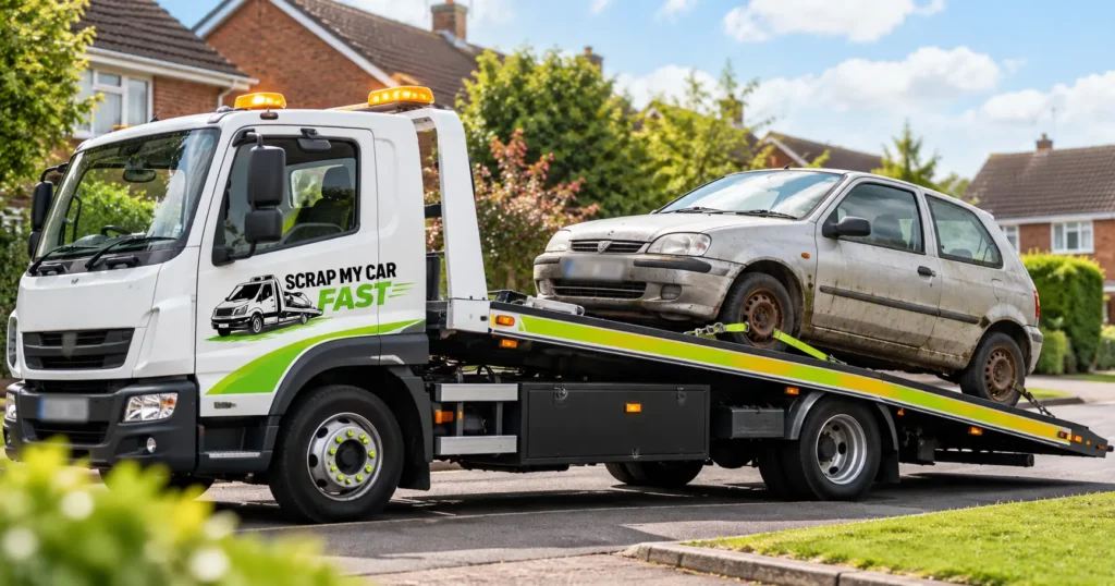 Untaxed car being collected for scrap from a street in Greater Manchester