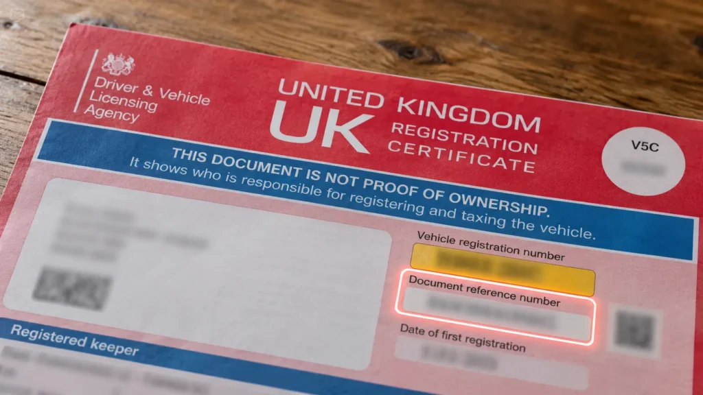 Where to find the 11-digit document reference number on a V5C logbook