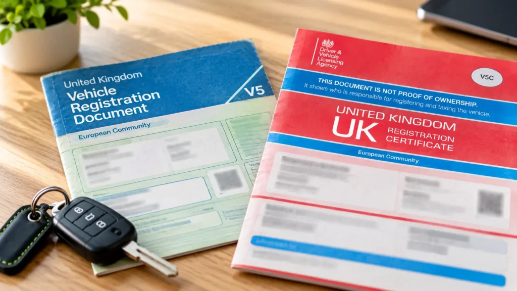 Old blue and green V5C logbook next to the current red V5C design