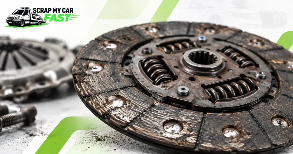 Worn clutch friction plate, a common cause of a slipping clutch